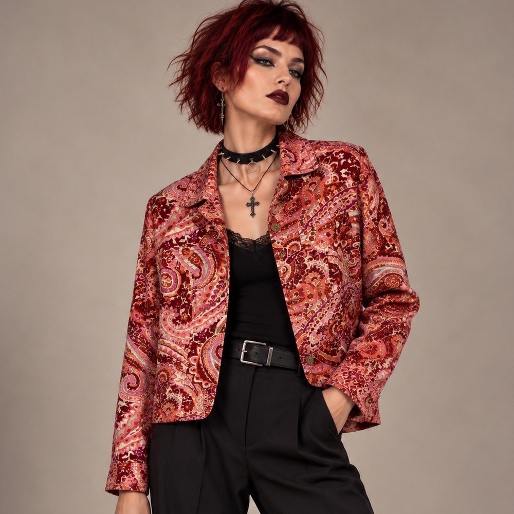 Coldwater Creek Red Orange Paisley Cotton Button Up Jacket Women W18